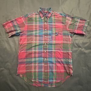 Vintage 90s Ralph Lauren Tilden Shirt Mens Medium Plaid Golf Crest Short Sleeve